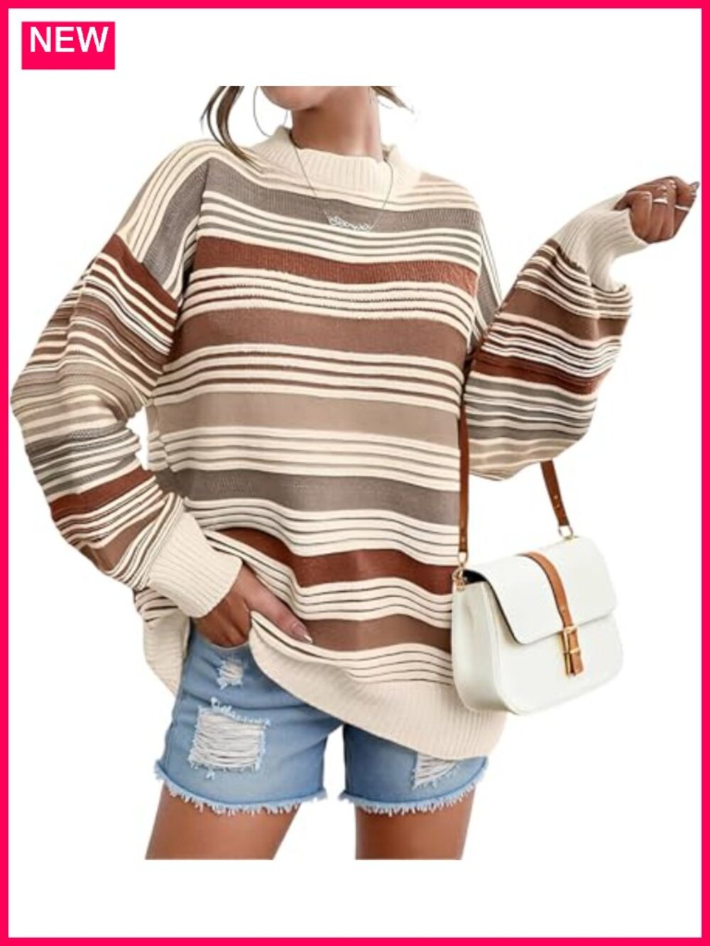 Women's Oversized Contrast Stripe Crew Neck Long Sleeve Pullover Sweater Wool